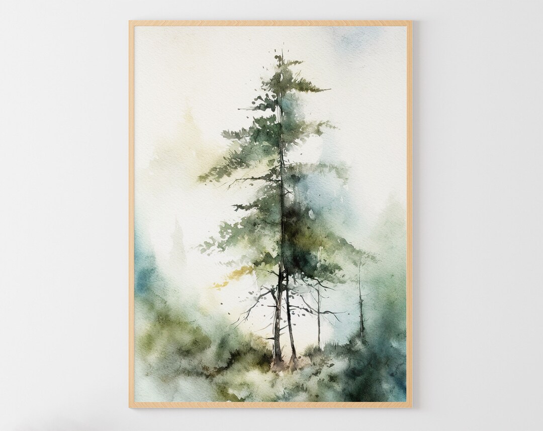 Pine Tree Watercolor Painting Misty Forest Landscape Evergreen Tree ...