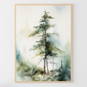 Kiefer Baum Aquarell Malerei Nebligen Wald Landschaft immergrüner Baum Poster Grün Grau Neutral Wand Kunst