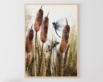 Dragonfly Watercolor Wildflowers Painting Nature Art Print Botanical Large Poster Insect Painting Neutral Landscape