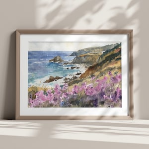 May include: Watercolor painting of a coastal scene with a rocky cliff, ocean waves, and purple wildflowers in the foreground.