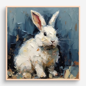 Cute Rabbit Oil Painting Baby Rabbit Artwork Animal Wall Art White Rabbit PRINT from an oil painting