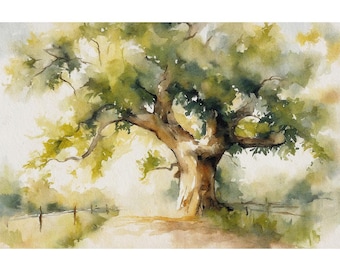 Impresión de acuarela de roble, pintura de día soleado, paisaje campestre, decoración de pared de casa de campo