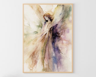Angel Painting Religious Wall Art Guardian Angel Watercolor Art Print Abstract Neutral Wall Art