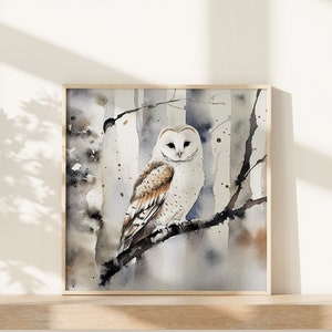 White Owl Watercolor Painting Winter Forest Wall Art Barn Owl Poster ...