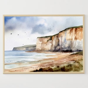 Pintura em aquarela da costa da Normandia França Viagem Art Print Penhascos de Tréport Poster Ocean Beach Wall Art