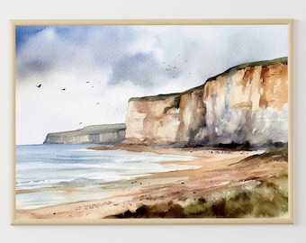 Normandy Coast Watercolor Painting France Travel Art Print Cliffs of Tréport Poster Ocean Beach Wall Art