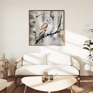 White Owl Watercolor Painting Winter Forest Wall Art Barn Owl Poster ...