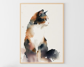 Calico Cat Watercolor Painting Pets Art Print Animal Wall Art Cat Poster