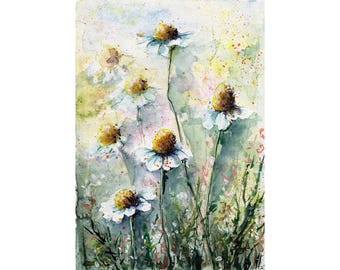 Daisy Watercolor Painting Meadow Art Print Wildflowers Poster Floral Wall Art Flowers Artwork