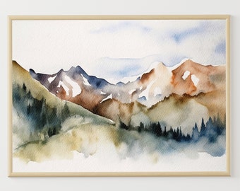 Rocky Mountains Painting Colorado Landscape Watercolor Mountains Art Print Earth Tone Wall Art