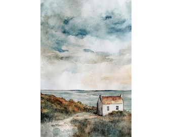 Coastal Cottage Painting Irish Coast Watercolor Art Print Ireland Wall Decor Coastal Landscape