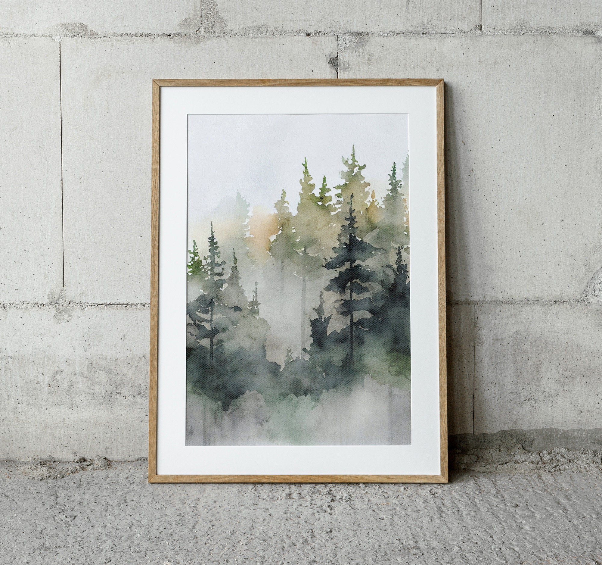 Misty Forest Watercolor Art Print Foggy Forest Painting Pine Tree ...