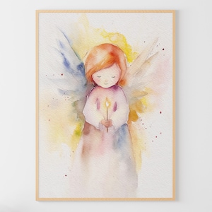 Cute Angel Watercolor Painting Nursery Wall Art Little Angel Poster Kid Angel Art Print