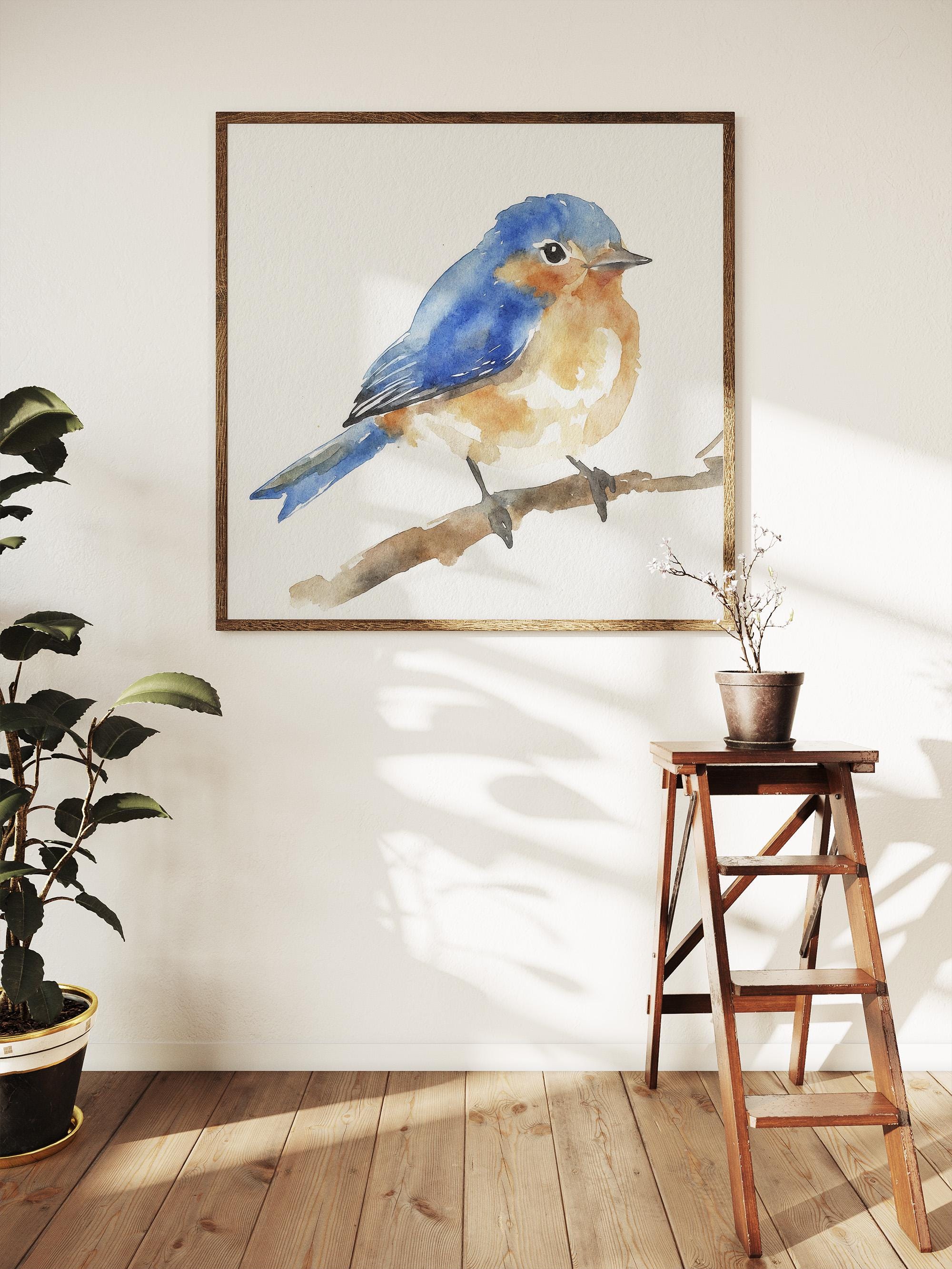 ブルーバードの水彩画：枝に止まるミニマリストの鳥の春の壁アート