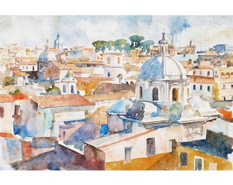 Impression d'art aquarelle de Rome, peinture italienne, paysage urbain italien, affiche de l'architecture de Rome, art mural neutre