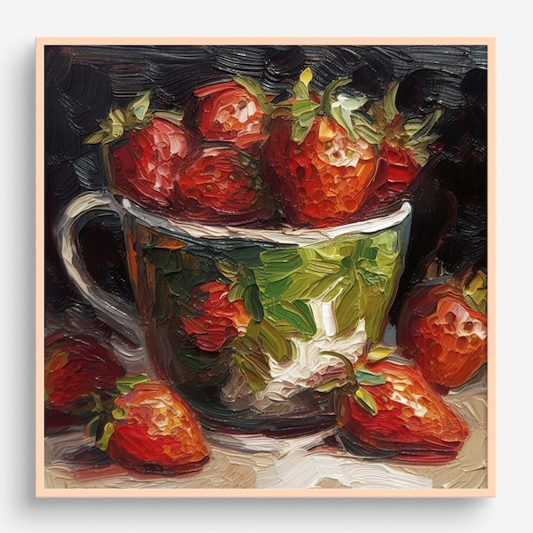 Strawberry Oil Painting Fruits Artwork Kitchen Wall Art Still Life PRINT from an oil painting