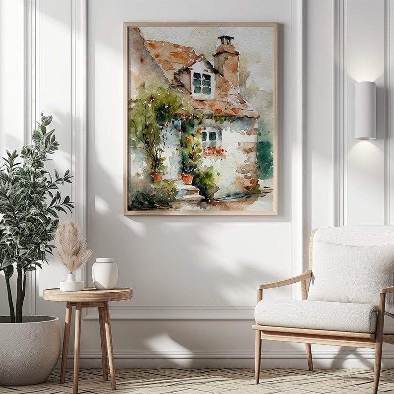 May include: Watercolor painting of a small, white cottage with a brown roof and green vines growing up the side. The cottage has two windows and a chimney. The painting is set against a background of green trees and a blue sky.