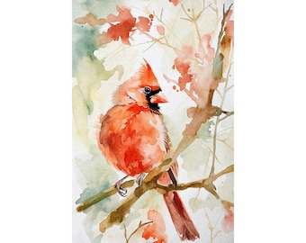 Aquarel rode kardinaal: vogelkunstprint, rustiek muurdecor