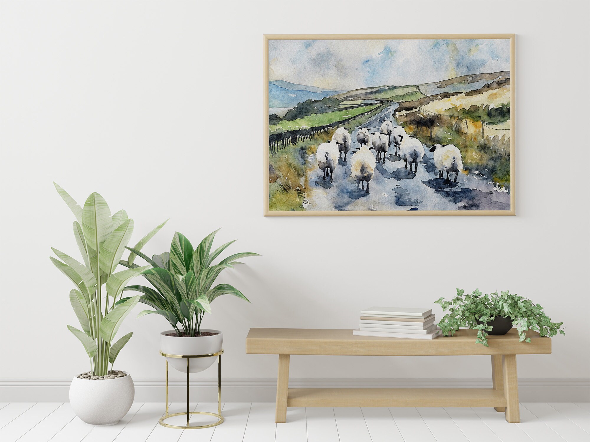 アイルランドの羊の水彩画 アイルランドの風景 農家の壁画 素朴な道の