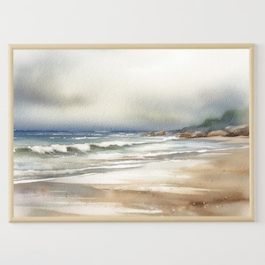 Meerlandschaft Aquarell Ozean Strand Gemälde Ozean Küste Poster Nautische Kunstdruck Blau Beige Wandkunst