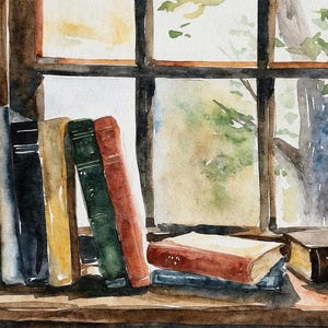 Libros antiguos, impresión en acuarela, libros en el alféizar de la ventana, obra de arte, decoración de pared de granja, arte de biblioteca para el hogar imagen 1