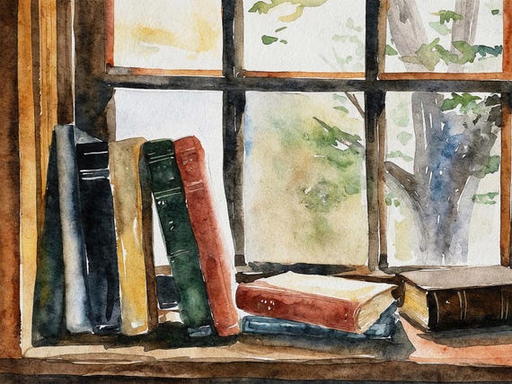 Old Books Watercolor Print Books On WindowSill Artwork Farmhouse Wall Decor Home Library Art