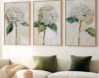 Hydrangea Set Of 3 Oil Paintings Floral Wall Art Flowers Artwork Neutral Beige Botanical PRINTS from an original oil painting