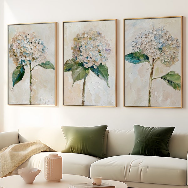 Hydrangea Set Of 3 Oil Paintings Floral Wall Art Flowers Artwork Neutral Beige Botanical PRINTS from an original oil painting
