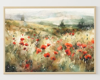 Poppy Field Painting Tuscany Watercolor Poppy Landscape Meadow Art Print Floral Wall Art