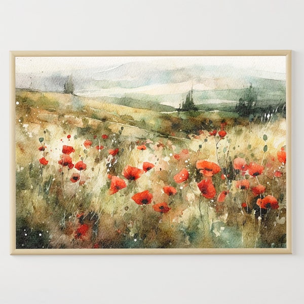 Peinture de champ de coquelicots Toscane aquarelle paysage de pavots prairie impression d'art art mural floral