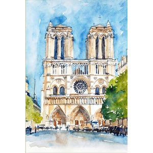 Parijs schilderij Notre-Dame-kathedraal aquarel Art Print Frankrijk poster Europa reizen muurkunst afbeelding 1