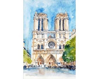 Paris Painting Notre Dame Cathedral Watercolor Art Print France Poster Europe Travel Wall Art