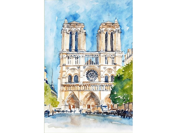 Paris Painting Notre Dame Cathedral Watercolor Art Print France Poster Europe Travel Wall Art