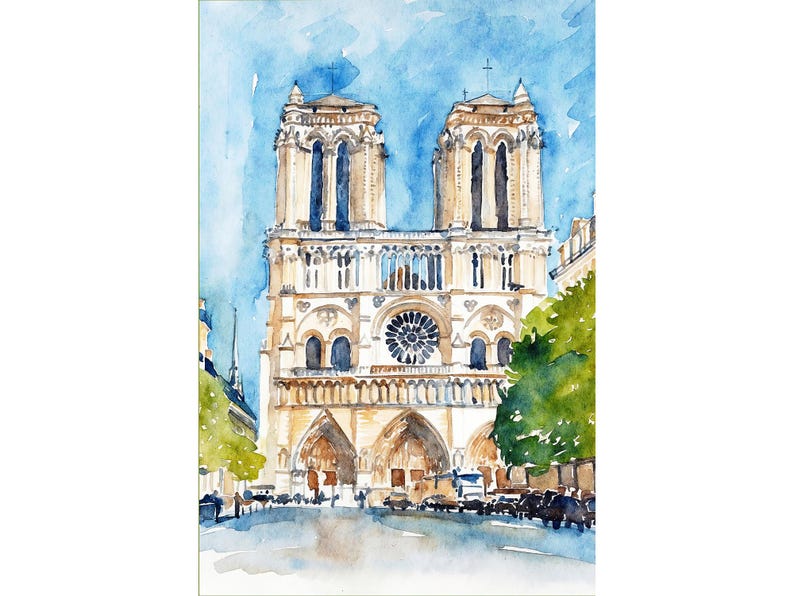 Parijs schilderij Notre-Dame-kathedraal aquarel Art Print Frankrijk poster Europa reizen muurkunst afbeelding 1