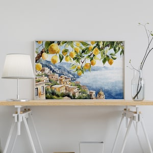May include: Watercolor painting of a lemon tree overlooking a coastal town with a blue sea in the background.