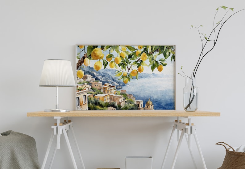 May include: Watercolor painting of a lemon tree overlooking a coastal town with a blue sea in the background.