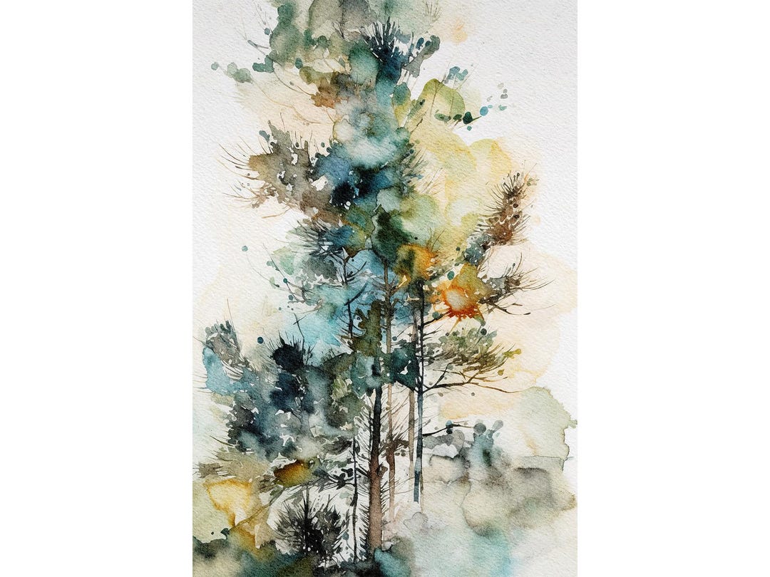 Pine Tree Watercolor Print Forest Painting Green Beige Wall Art ...