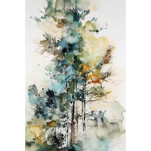 Pine Tree Watercolor Print Forest Painting Green Beige Wall Art Evergreen Trees Poster