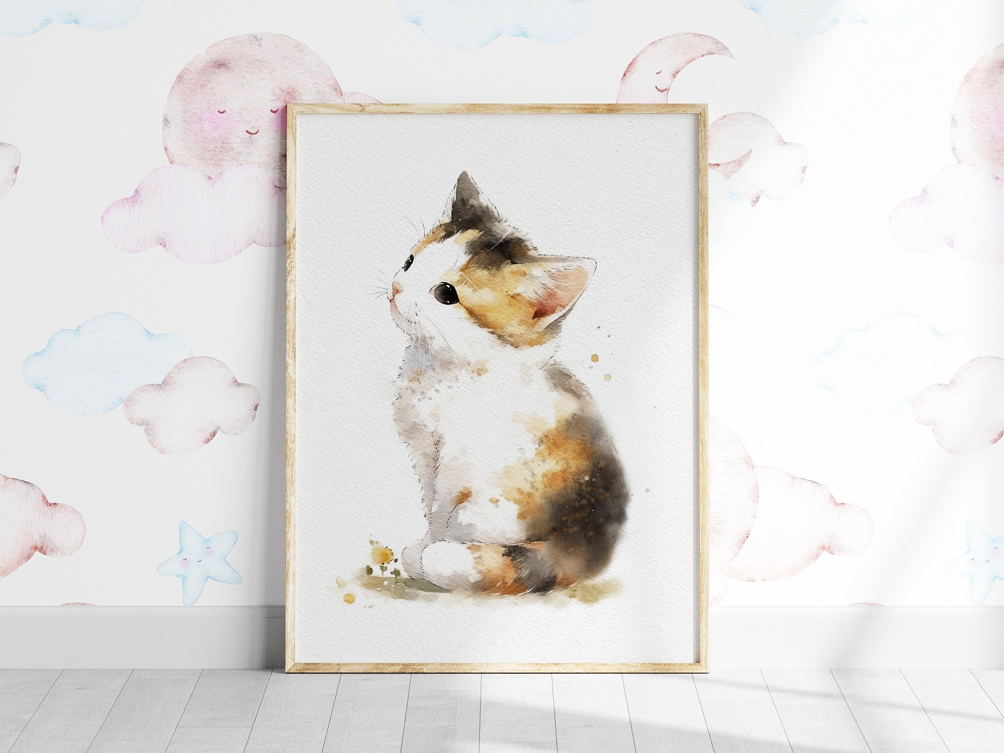 三毛猫の絵画 子猫の水彩画 プリント かわいい子猫のアートワーク