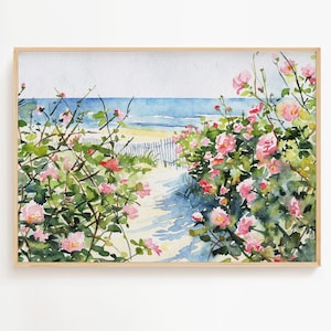 Paisaje de acuarela de Cape Cod, dunas de arena, pintura, rosas silvestres, impresión artística, póster de escena de playa