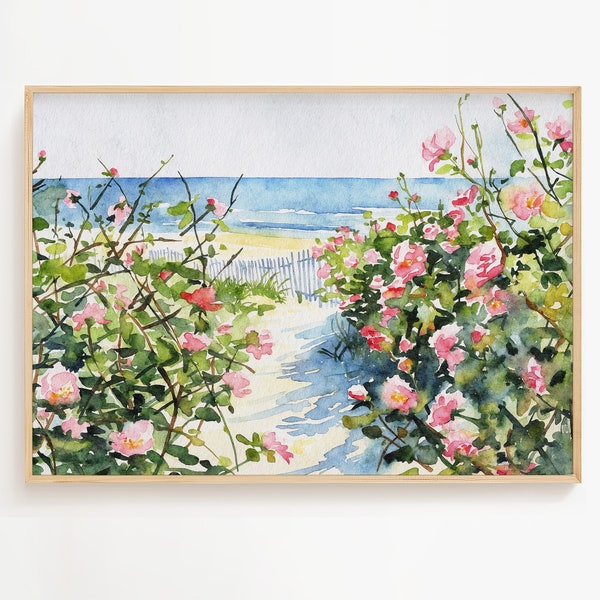 Cape Cod Watercolor Landscape Sand Dunes Painting Wild Roses Art Print Beach Scene Poster