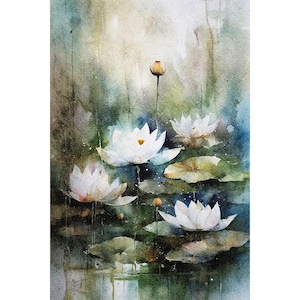 White Lotus Watercolor Art Print Floral Wall Art Pond Painting