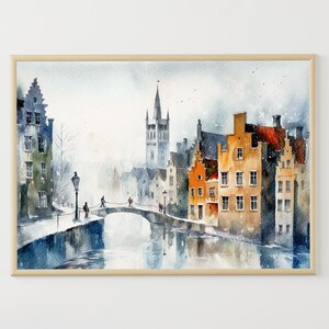 Bruges Watercolor Poster Belgium Travel Watercolor Bruges Canal Painting Winter Cityscape Wall Art