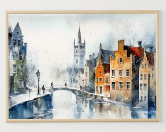 Bruges Watercolor Poster Belgium Travel Watercolor Bruges Canal Painting Winter Cityscape Wall Art