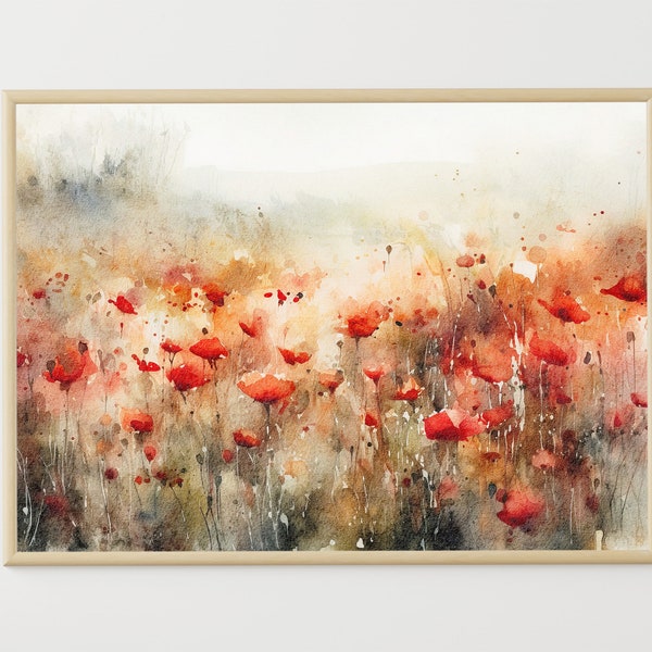 Poppy Painting Red Poppy Watercolor Meadow Art Print Floral Landscape Wildflowers Wall Art