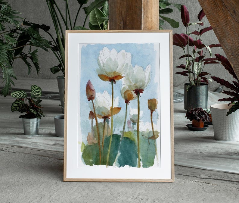 White Lotus Watercolor Art Print Water Lilies Painting Floral Wall Art ...