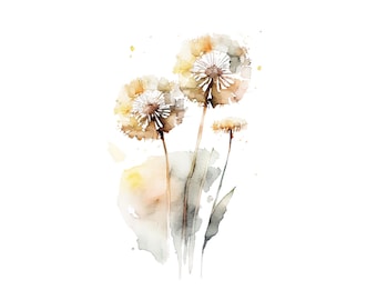 Impression aquarelle de pissenlits, peinture de fleurs sauvages, art mural, affiche botanique