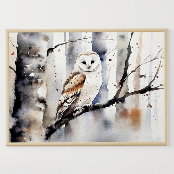 Weiße Eule Aquarell Malerei Winter Wald Wandkunst Schleiereule Poster Waldvogel Wandkunst