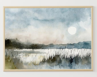 Moonlight On Lake Watercolor Painting Michigan Landscape Great Lakes Art Print Neutral Blue Beige Wall Art Minimalist Nature Poster