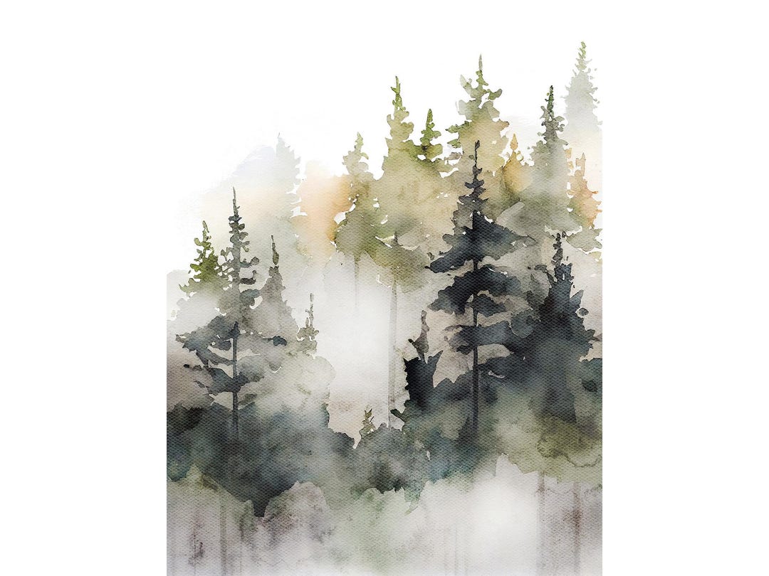Misty Forest Watercolor Art Print Foggy Forest Painting Pine Tree ...